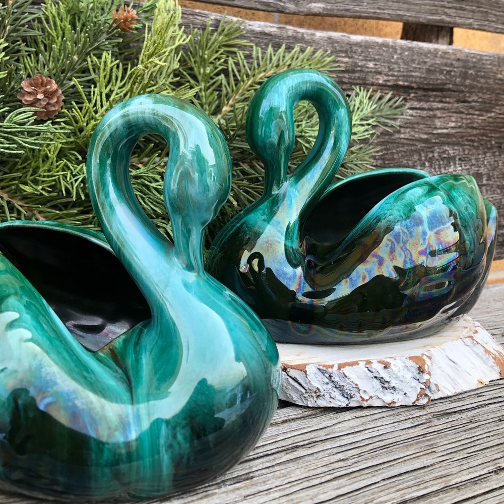 Blue Mountain pottery Swan set of 2 planters Retro blue green Vtg planter 70s 💙 - Picture 6 of 13